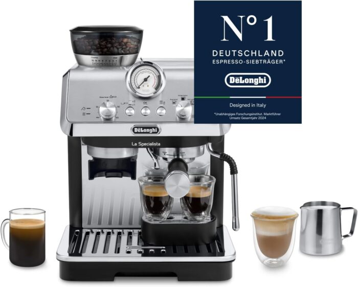De'Longhi Siebträgermaschine La Specialista Arte EC9155.MB, Espressomaschine mit Mahlwerk, 8 Mahlgrade, 15 Bar, 3 Temperaturen, Milchschaumdüse, 1550W, 1,7L Tank, Edelstahl/Schwarz inkl. Barista-Kit