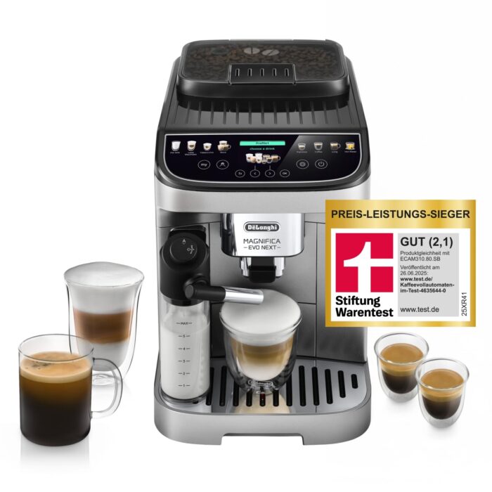 De’Longhi Magnifica Plus - Perfetto Kaffeevollautomat mit LatteCrema-Milchaufschäumer, 18 One-Touch-Getränke, farbiges Touch-Display, Silber Schwarz (ECAM322.70.SB)