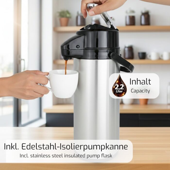 Saro Kaffeemaschine Inkl. Edelstahl-Isolierpumpkanne – 2,2 L – Brühzeit ca. 5–6 Min – Trockenlaufschutz – 2,069 kW – Modell THERMO 24