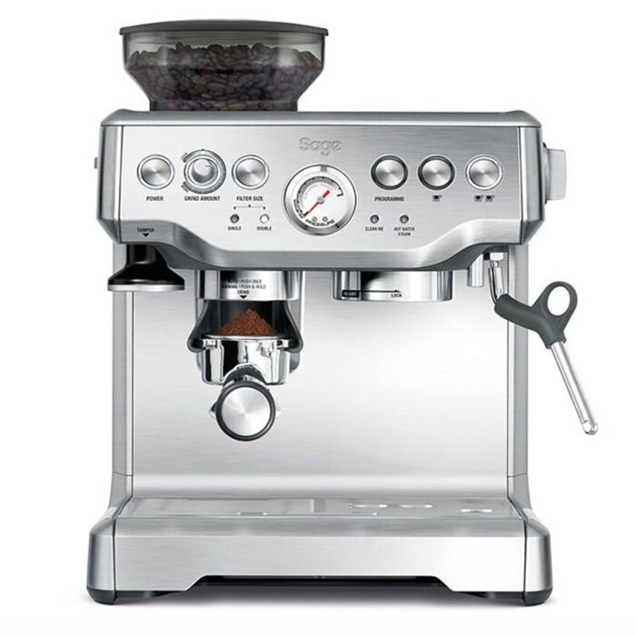 Sage - The Barista Express - Kaffeemaschine mit manuellem Milchaufschäumer & Mahlwerk - Automatisches Mahlen, individueller Milchschaum - Gebürsteter Edelstahl, Milchkännchen mit Temperaturregelung