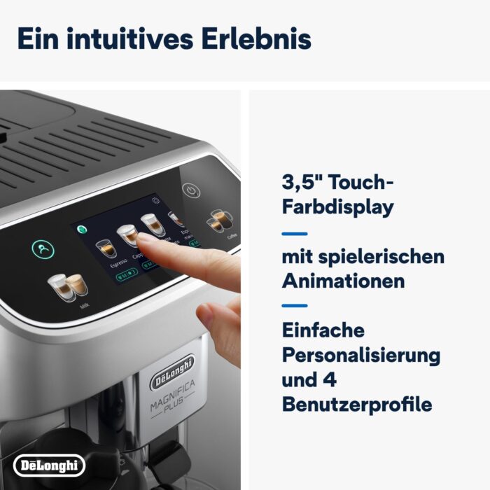 De’Longhi Magnifica Plus - Perfetto Kaffeevollautomat mit LatteCrema-Milchaufschäumer, 18 One-Touch-Getränke, farbiges Touch-Display, Silber Schwarz (ECAM322.70.SB)