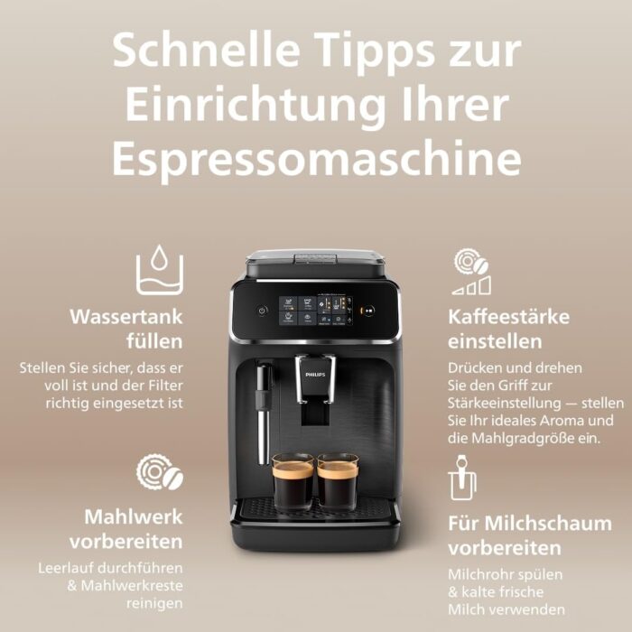 Philips 2200 Series Kaffeevollautomat - 2 Kaffeespezialitäten, Touch-Display, klassischer Milchaufschäumer, Keramikmahlwerk, Mattschwarz (EP2220/10)