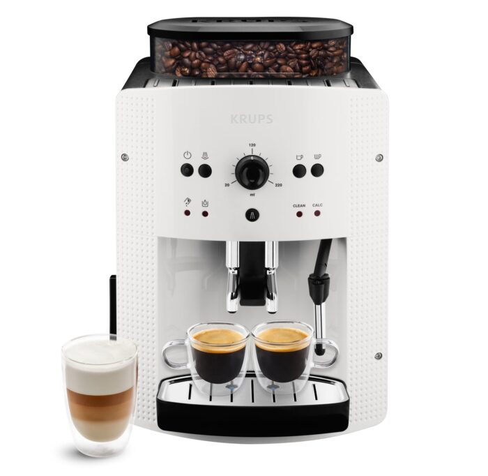KRUPS Arabica Picto Kaffeevollautomat, kompaktes Design, einfache Bedienung, intuitiv einstellbarer Drehregler, Milchschaumdüse, 2-Tassen-Funktion, Kaffeemaschine, Schwarz, EA810870