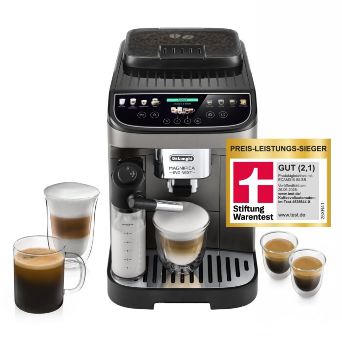 De’Longhi Magnifica Plus - Perfetto Kaffeevollautomat mit LatteCrema-Milchaufschäumer, 18 One-Touch-Getränke, farbiges Touch-Display, Silber Schwarz (ECAM322.70.SB)