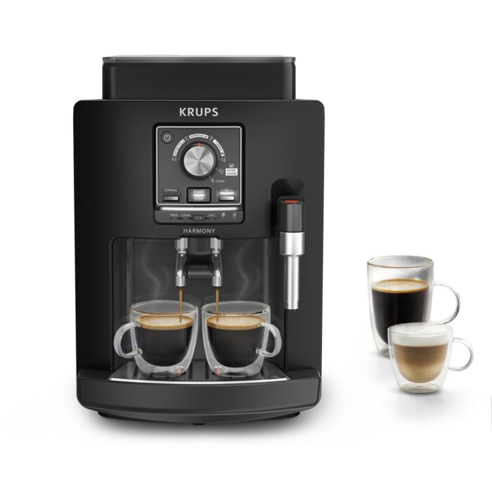 KRUPS Arabica Picto Kaffeevollautomat, kompaktes Design, einfache Bedienung, intuitiv einstellbarer Drehregler, Milchschaumdüse, 2-Tassen-Funktion, Kaffeemaschine, Schwarz, EA810870