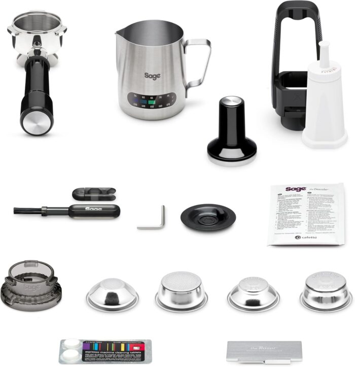 Sage - The Barista Express - Kaffeemaschine mit manuellem Milchaufschäumer & Mahlwerk - Automatisches Mahlen, individueller Milchschaum - Gebürsteter Edelstahl, Milchkännchen mit Temperaturregelung