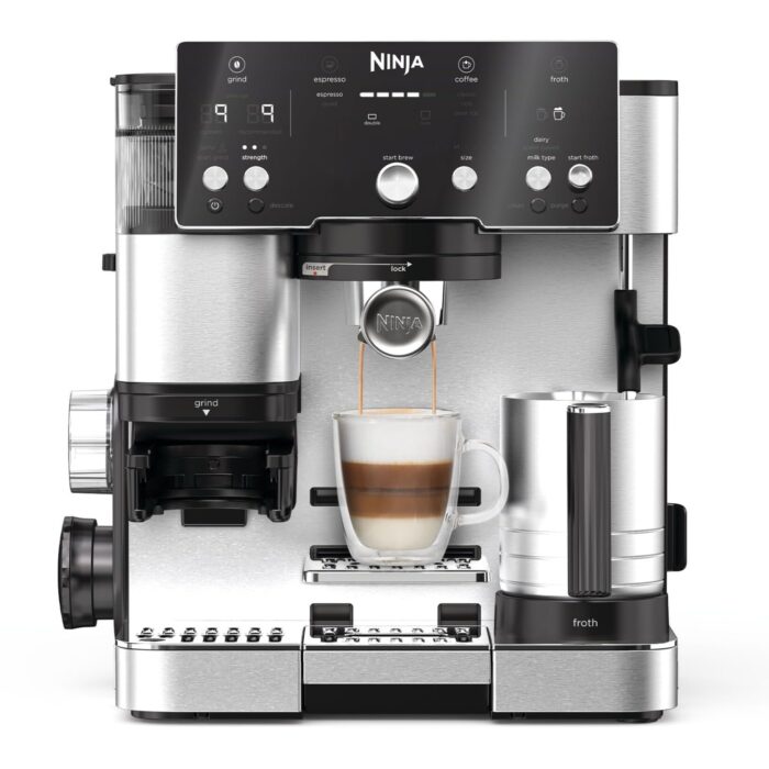 Ninja Luxe Pro 3-in-1-Kaffeemaschine mit Mahlwerk und Aufschäumer für Latte, Cappuccino, Cold Brew & Espresso, einfache Handhabung, 5 Voreinstellungen zum Aufschäumen, Silber, ES701EU