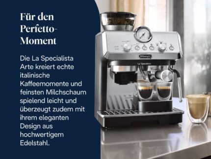 De'Longhi Siebträgermaschine La Specialista Arte EC9155.MB, Espressomaschine mit Mahlwerk, 8 Mahlgrade, 15 Bar, 3 Temperaturen, Milchschaumdüse, 1550W, 1,7L Tank, Edelstahl/Schwarz inkl. Barista-Kit