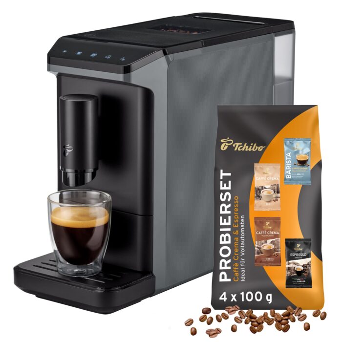 Tchibo Kaffeevollautomat Esperto mini für Caffè Crema und Espresso, nur 16cm breit, klein und kompakt, geeignet für jede Küche, Camping, Studentenapartment, Schwarz - INKLUSIVE Kaffeeprobierset GRATIS