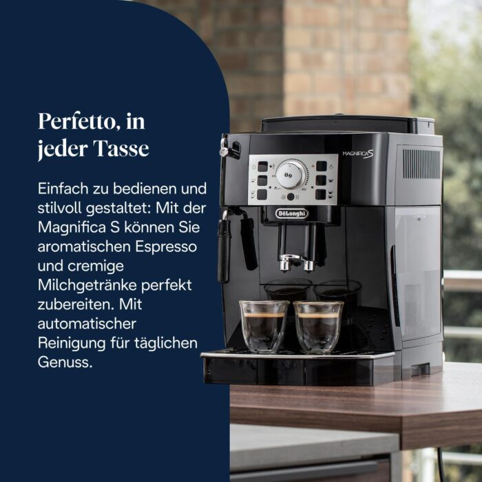 De’Longhi Magnifica S - Perfetto Kaffeevollautomat mit klassischem Milchaufschäumer, Espresso- und Cappuccino Kaffeemaschine, Bedienfeld mit Tasten, Schwarz (ECAM22.110.B)