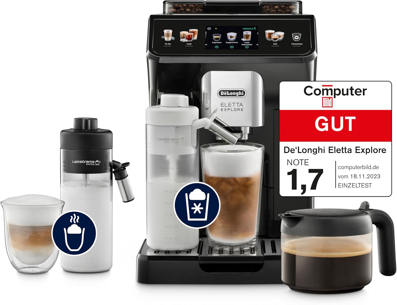 71RAtYN5k2L._AC_SL1500 De’Longhi Eletta Explore - Perfetto Kaffeevollautomat mit LatteCrema-Milchaufschäumer, 40 Getränke auf Knopfdruck, farbiges Touch-Display, Dunkelgrau (ECAM452.57.G)