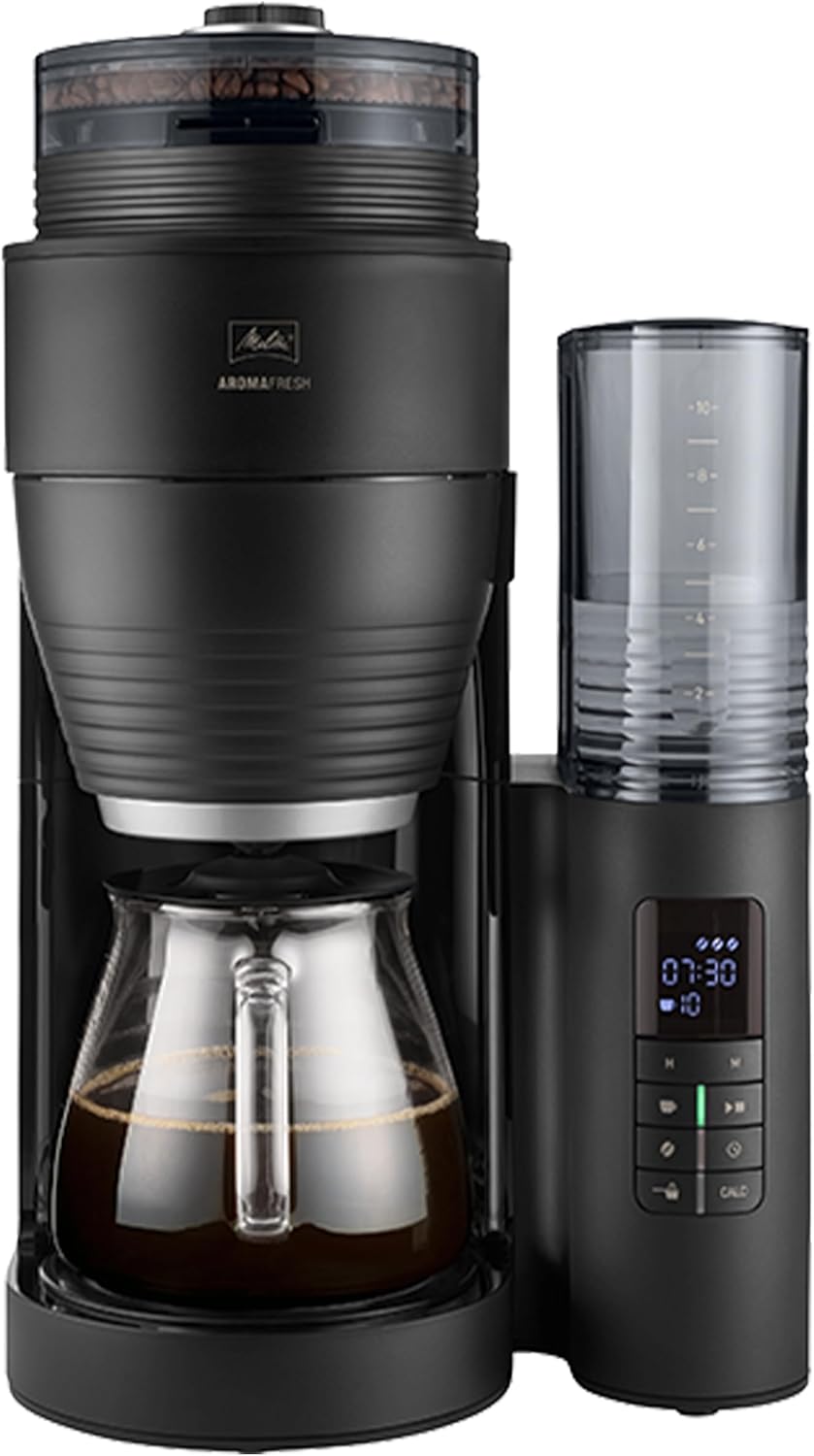 71SzuFiNsGL._AC_SL1500 Melitta AromaFresh X – Filterkaffeemaschine mit integriertem Mahlwerk, Glaskanne und Timer-Funktion, für bis zu 10 Tassen Kaffee, in Schwarz/silber