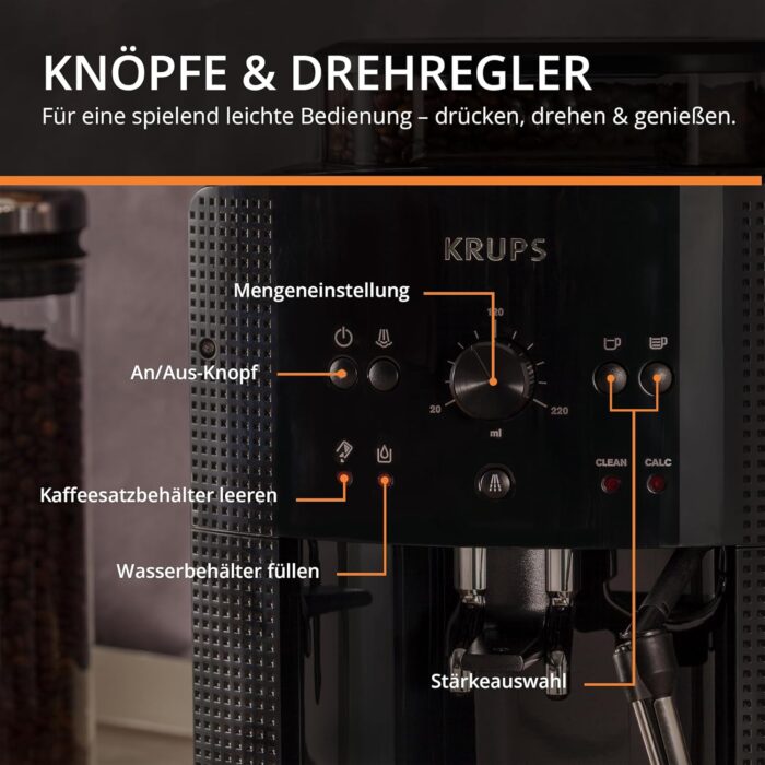 KRUPS Arabica Picto Kaffeevollautomat, kompaktes Design, einfache Bedienung, intuitiv einstellbarer Drehregler, Milchschaumdüse, 2-Tassen-Funktion, Kaffeemaschine, Schwarz, EA810870
