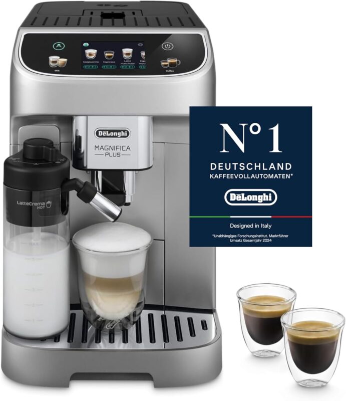 De’Longhi Magnifica Plus - Perfetto Kaffeevollautomat mit LatteCrema-Milchaufschäumer, 18 One-Touch-Getränke, farbiges Touch-Display, Silber Schwarz (ECAM322.70.SB)