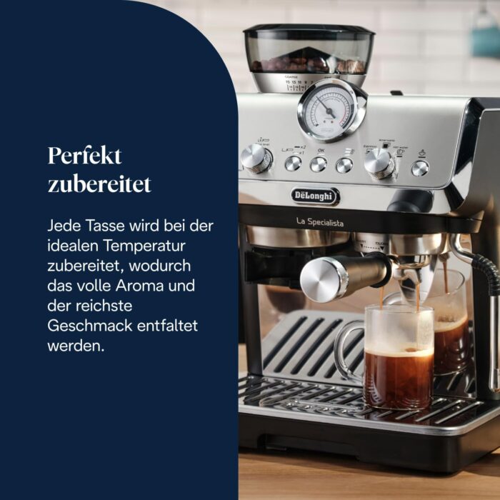 De'Longhi Siebträgermaschine La Specialista Arte EC9155.MB, Espressomaschine mit Mahlwerk, 8 Mahlgrade, 15 Bar, 3 Temperaturen, Milchschaumdüse, 1550W, 1,7L Tank, Edelstahl/Schwarz inkl. Barista-Kit