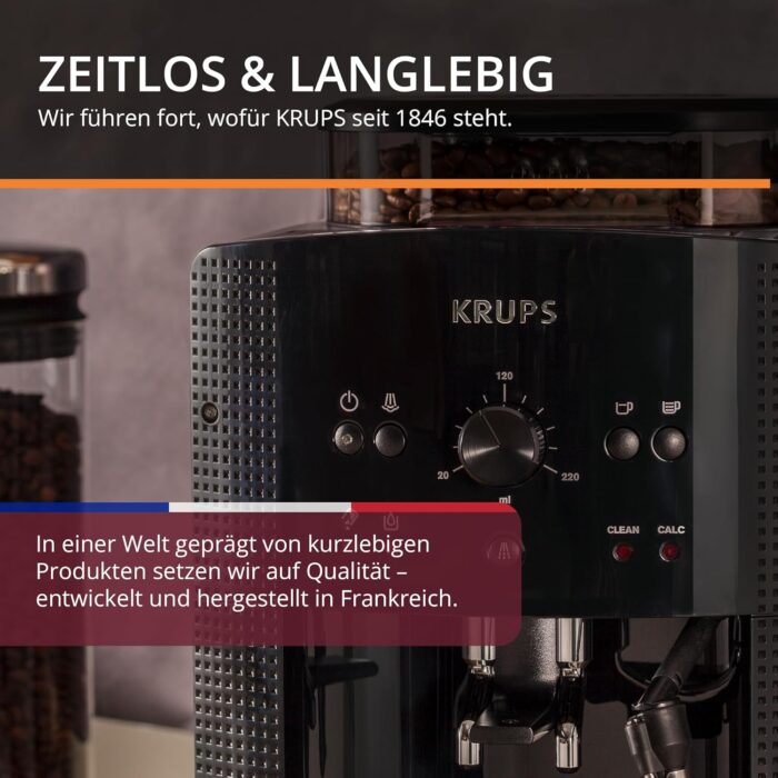 KRUPS Arabica Picto Kaffeevollautomat, kompaktes Design, einfache Bedienung, intuitiv einstellbarer Drehregler, Milchschaumdüse, 2-Tassen-Funktion, Kaffeemaschine, Schwarz, EA810870