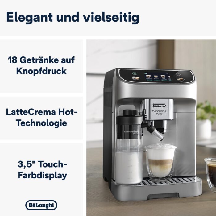De’Longhi Magnifica Plus - Perfetto Kaffeevollautomat mit LatteCrema-Milchaufschäumer, 18 One-Touch-Getränke, farbiges Touch-Display, Silber Schwarz (ECAM322.70.SB)