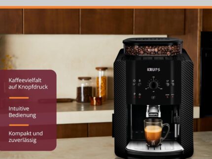 KRUPS Arabica Picto Kaffeevollautomat, kompaktes Design, einfache Bedienung, intuitiv einstellbarer Drehregler, Milchschaumdüse, 2-Tassen-Funktion, Kaffeemaschine, Schwarz, EA810870