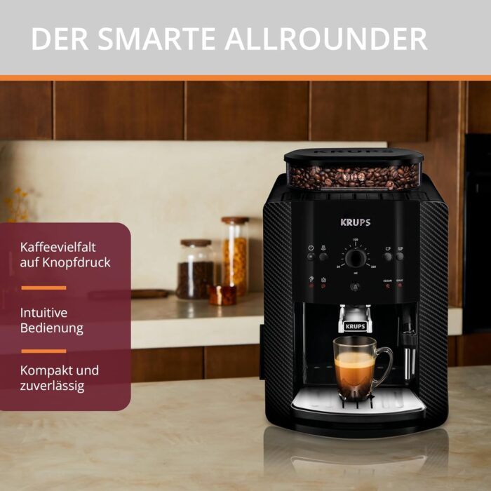 KRUPS Arabica Picto Kaffeevollautomat, kompaktes Design, einfache Bedienung, intuitiv einstellbarer Drehregler, Milchschaumdüse, 2-Tassen-Funktion, Kaffeemaschine, Schwarz, EA810870