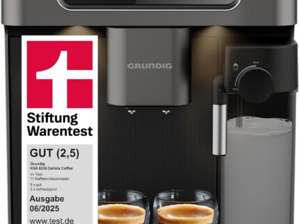 Grundig KVA 8230 Kaffeevollautomat, Kaffeemaschine, Stiftung Warentest GUT (2,5)*, 18 Kaffeespezialitäten, 13 Mahlgrade, Milchbehälter, 1350 W, 19 Bar, Zweifachdüse, Schwarz/Dunkelsilber