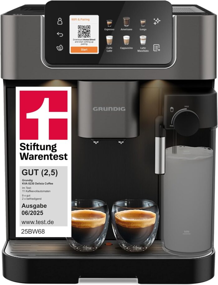 Grundig KVA 8230 Kaffeevollautomat, Kaffeemaschine, Stiftung Warentest GUT (2,5)*, 18 Kaffeespezialitäten, 13 Mahlgrade, Milchbehälter, 1350 W, 19 Bar, Zweifachdüse, Schwarz/Dunkelsilber