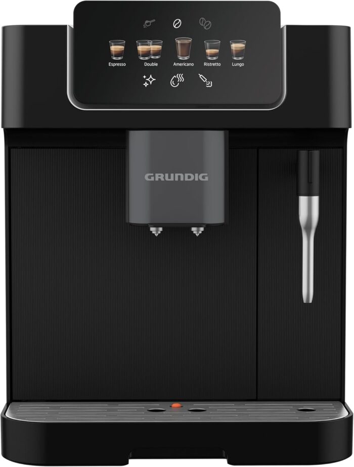 GRUNDIG KVA 6230 Kaffeevollautomat mit Milchaufschäumdüse, Edelstahlmahlwerk mit 13 Mahlgraden, 250 g Bohnenbehälter, 2 Liter abnehmbarer Wassertank, 19 Bar Pumpendruck, Touch-Display, Schwarz
