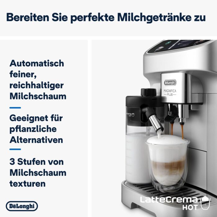 De’Longhi Magnifica Plus - Perfetto Kaffeevollautomat mit LatteCrema-Milchaufschäumer, 18 One-Touch-Getränke, farbiges Touch-Display, Silber Schwarz (ECAM322.70.SB)