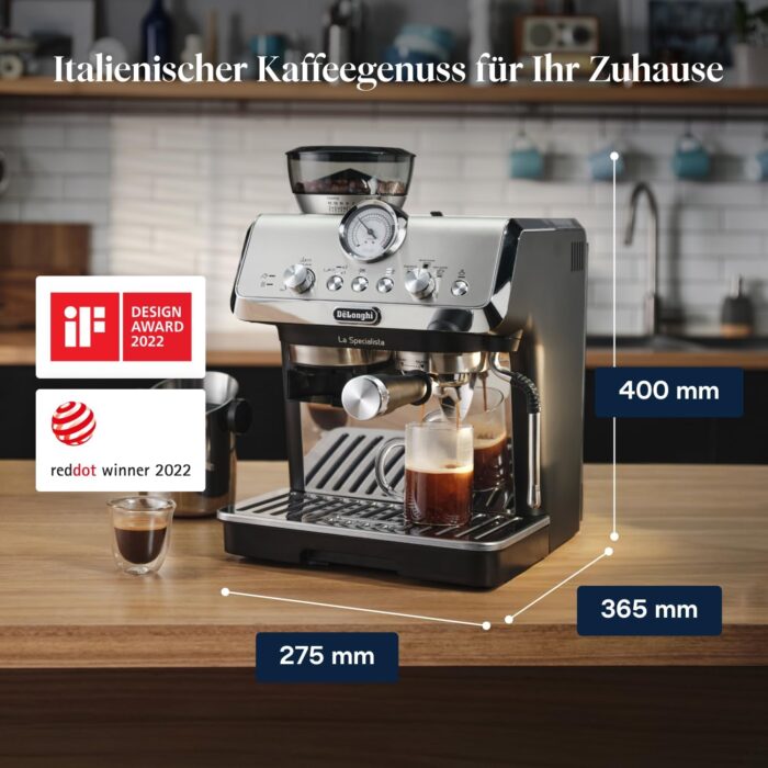 De'Longhi Siebträgermaschine La Specialista Arte EC9155.MB, Espressomaschine mit Mahlwerk, 8 Mahlgrade, 15 Bar, 3 Temperaturen, Milchschaumdüse, 1550W, 1,7L Tank, Edelstahl/Schwarz inkl. Barista-Kit