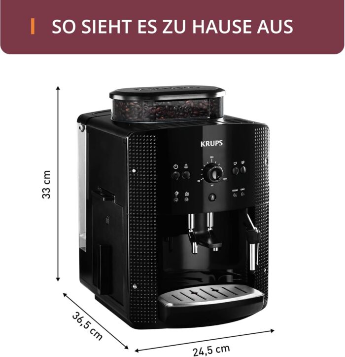 KRUPS Arabica Picto Kaffeevollautomat, kompaktes Design, einfache Bedienung, intuitiv einstellbarer Drehregler, Milchschaumdüse, 2-Tassen-Funktion, Kaffeemaschine, Schwarz, EA810870