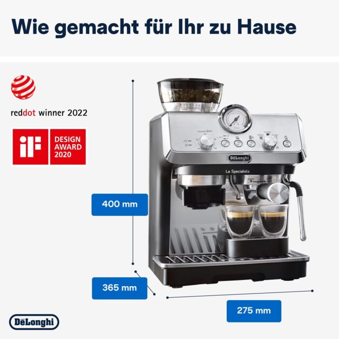 De'Longhi Siebträgermaschine La Specialista Arte EC9155.MB, Espressomaschine mit Mahlwerk, 8 Mahlgrade, 15 Bar, 3 Temperaturen, Milchschaumdüse, 1550W, 1,7L Tank, Edelstahl/Schwarz inkl. Barista-Kit