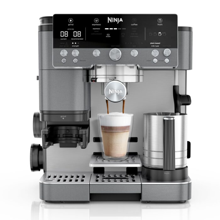 Ninja Luxe Pro 3-in-1-Kaffeemaschine mit Mahlwerk und Aufschäumer für Latte, Cappuccino, Cold Brew & Espresso, einfache Handhabung, 5 Voreinstellungen zum Aufschäumen, Silber, ES701EU