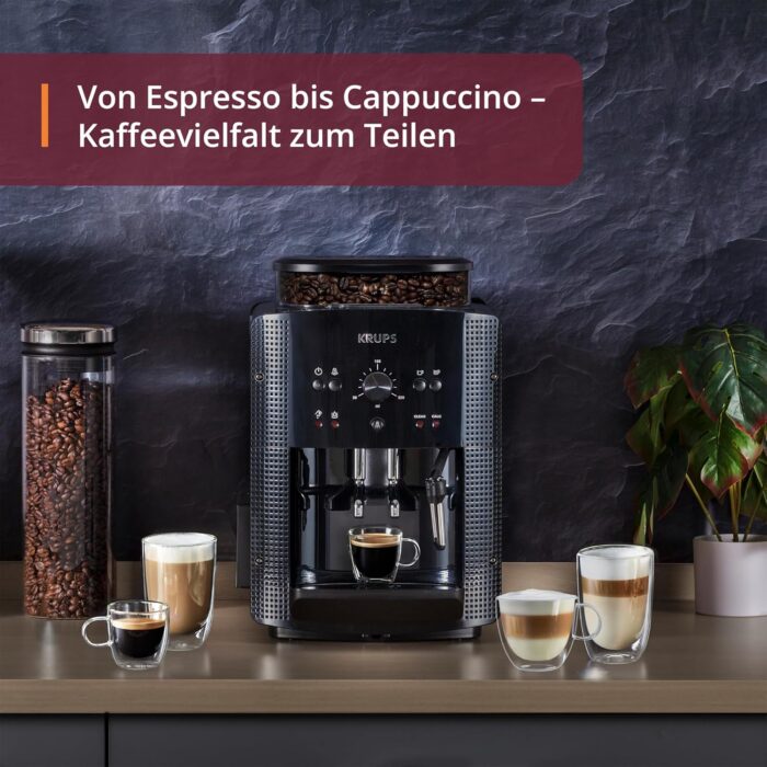 KRUPS Arabica Picto Kaffeevollautomat, kompaktes Design, einfache Bedienung, intuitiv einstellbarer Drehregler, Milchschaumdüse, 2-Tassen-Funktion, Kaffeemaschine, Schwarz, EA810870
