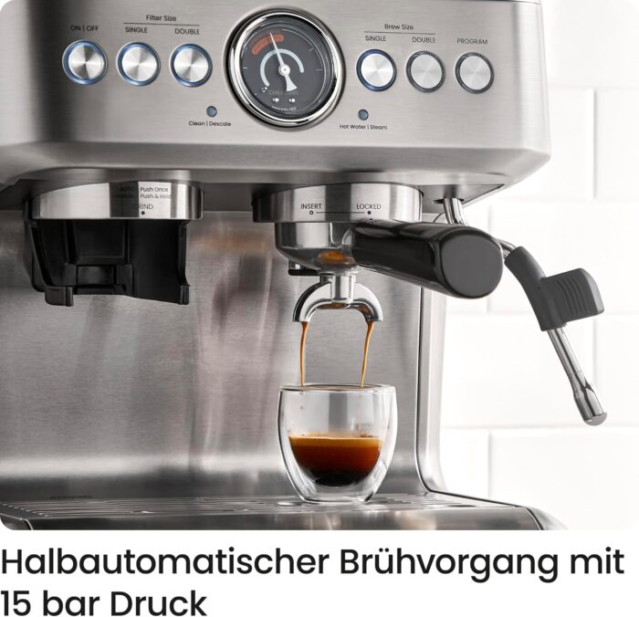Chefman Crema Supreme 15 Bar Espressomaschine mit Milchaufschäumer, Barista Dampfstab, professionelle Kaffeemaschine mit Kaffeemühle, 30 Mahlgradeinstellungen, 3L abnehmbarer Wassertank - Edelstahl