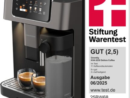 Grundig KVA 8230 Kaffeevollautomat, Kaffeemaschine, Stiftung Warentest GUT (2,5)*, 18 Kaffeespezialitäten, 13 Mahlgrade, Milchbehälter, 1350 W, 19 Bar, Zweifachdüse, Schwarz/Dunkelsilber