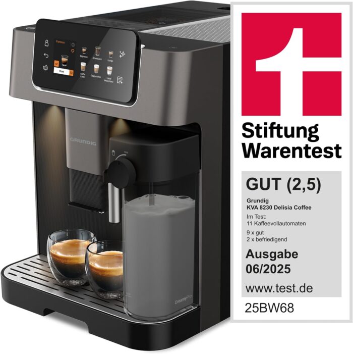 Grundig KVA 8230 Kaffeevollautomat, Kaffeemaschine, Stiftung Warentest GUT (2,5)*, 18 Kaffeespezialitäten, 13 Mahlgrade, Milchbehälter, 1350 W, 19 Bar, Zweifachdüse, Schwarz/Dunkelsilber
