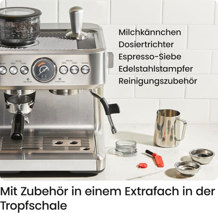Chefman Crema Supreme 15 Bar Espressomaschine mit Milchaufschäumer, Barista Dampfstab, professionelle Kaffeemaschine mit Kaffeemühle, 30 Mahlgradeinstellungen, 3L abnehmbarer Wassertank - Edelstahl