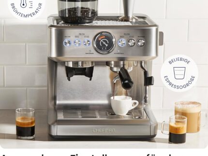 Chefman Crema Supreme 15 Bar Espressomaschine mit Milchaufschäumer, Barista Dampfstab, professionelle Kaffeemaschine mit Kaffeemühle, 30 Mahlgradeinstellungen, 3L abnehmbarer Wassertank - Edelstahl