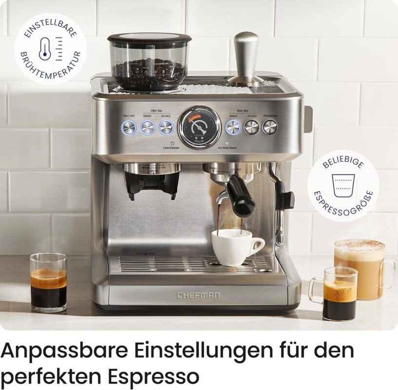 Chefman Crema Supreme 15 Bar Espressomaschine mit Milchaufschäumer, Barista Dampfstab, professionelle Kaffeemaschine mit Kaffeemühle, 30 Mahlgradeinstellungen, 3L abnehmbarer Wassertank - Edelstahl
