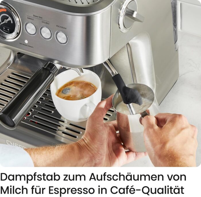 Chefman Crema Supreme 15 Bar Espressomaschine mit Milchaufschäumer, Barista Dampfstab, professionelle Kaffeemaschine mit Kaffeemühle, 30 Mahlgradeinstellungen, 3L abnehmbarer Wassertank - Edelstahl