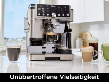 Ninja Luxe Pro 3-in-1-Kaffeemaschine mit Mahlwerk und Aufschäumer für Latte, Cappuccino, Cold Brew & Espresso, einfache Handhabung, 5 Voreinstellungen zum Aufschäumen, Silber, ES701EU