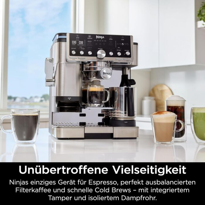 Ninja Luxe Pro 3-in-1-Kaffeemaschine mit Mahlwerk und Aufschäumer für Latte, Cappuccino, Cold Brew & Espresso, einfache Handhabung, 5 Voreinstellungen zum Aufschäumen, Silber, ES701EU