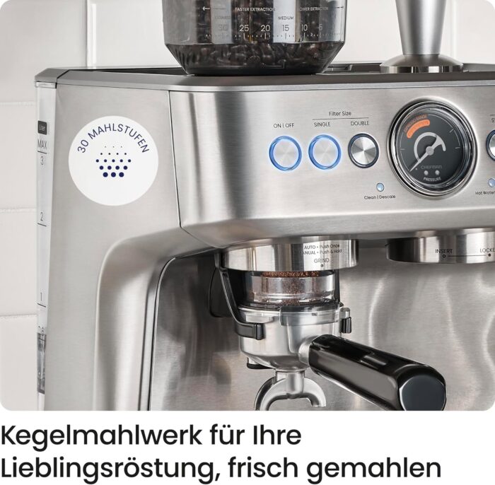 Chefman Crema Supreme 15 Bar Espressomaschine mit Milchaufschäumer, Barista Dampfstab, professionelle Kaffeemaschine mit Kaffeemühle, 30 Mahlgradeinstellungen, 3L abnehmbarer Wassertank - Edelstahl